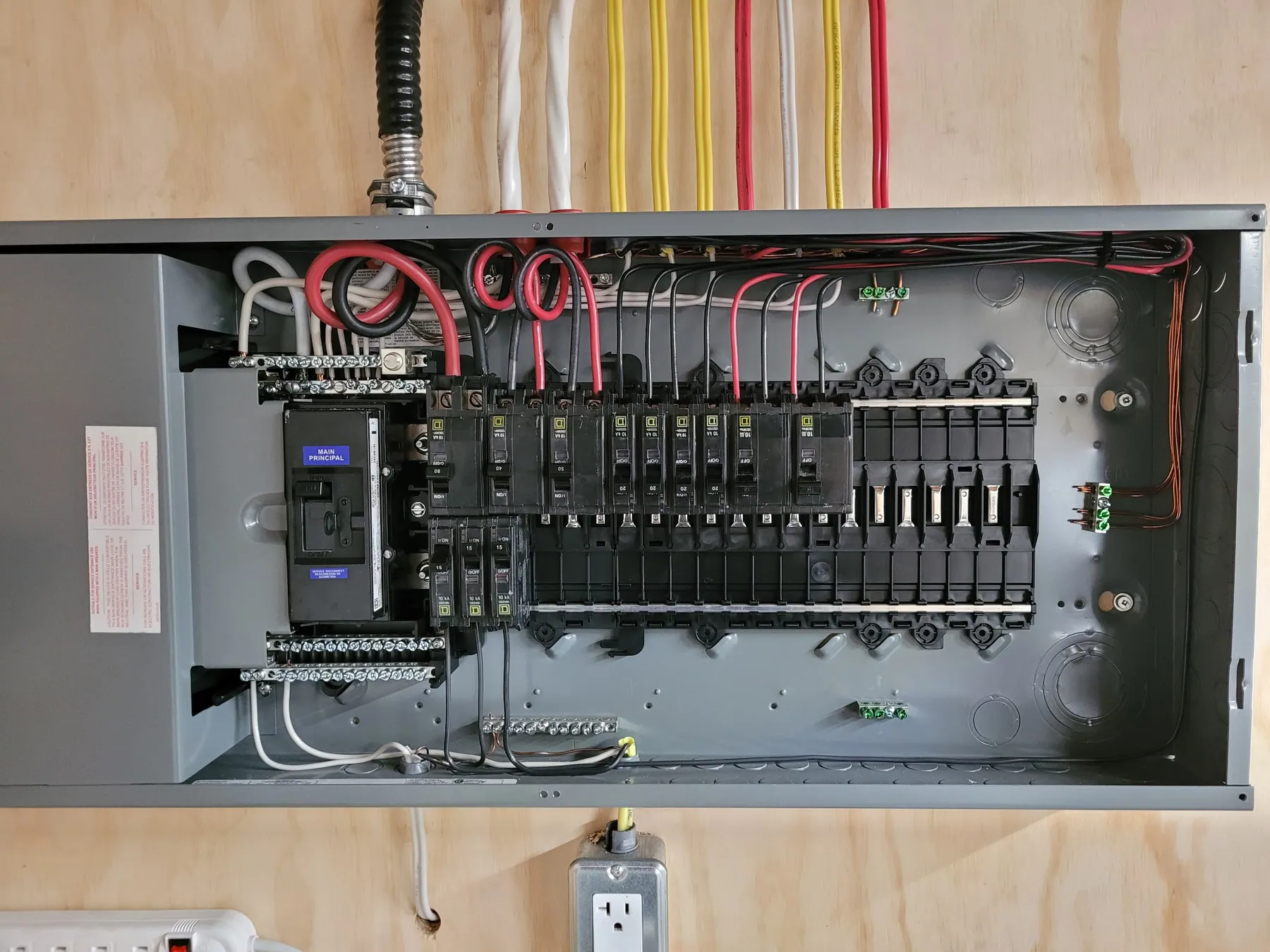 Electrical panel with circuit breakers and organized wiring